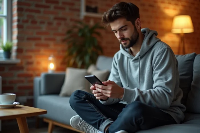 Jeune homme accédant à sa boîte mail Zimbra Free depuis un smartphone dans un salon cosy