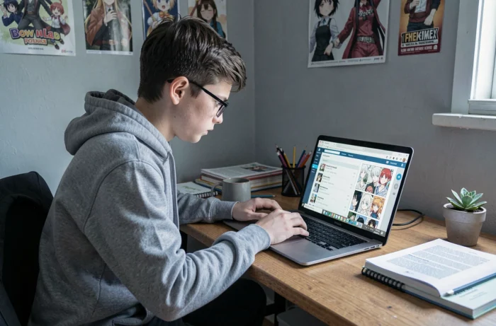 Adolescent lisant des mangas légalement en ligne sur un ordinateur portable dans sa chambre
