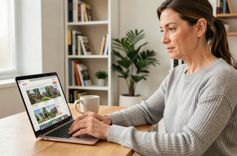 Femme utilisant une agence immobilière en ligne sur son ordinateur portable depuis son bureau à domicile