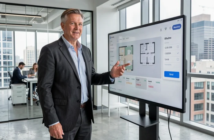 Agent immobilier présentant une plateforme numérique de gestion immobilière sur un grand écran tactile dans une agence moderne