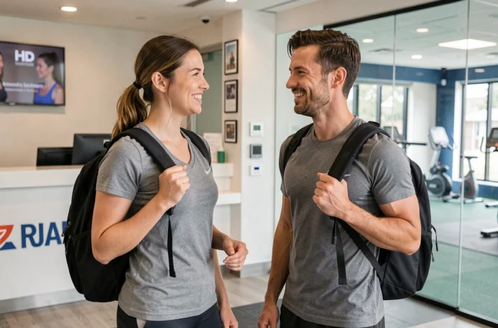 Deux amis souriants après une séance de sport à l'entrée d'une salle Basic Fit avec abonnement 1 mois sans engagement