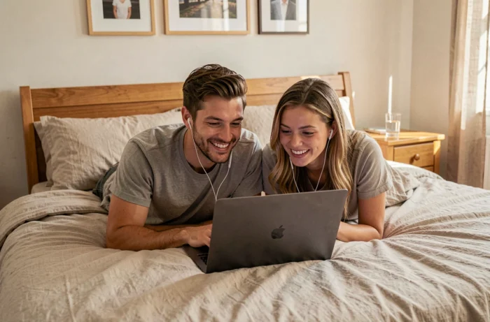 Deux amis regardant ensemble un film en streaming sur un ordinateur portable dans une chambre