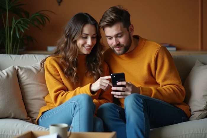 Deux amis explorant ensemble les paramètres de demandes d'abonnement Instagram sur un canapé