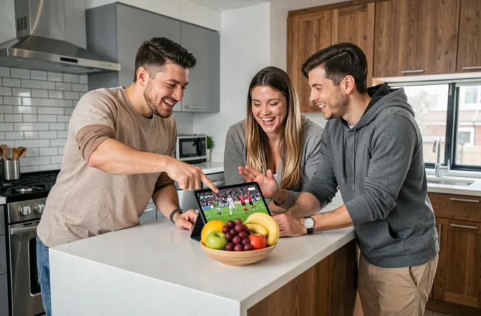 Groupe d'amis regardant un match de football en streaming sur une tablette dans un appartement moderne