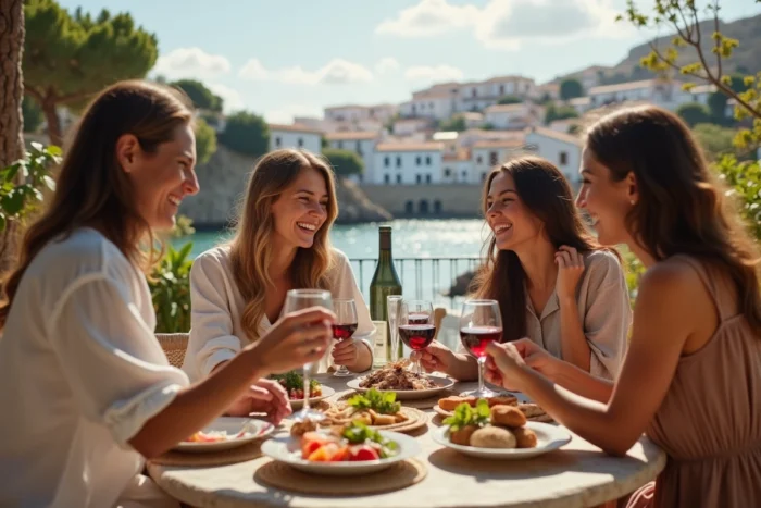 Groupe d'amis attablés en terrasse dans un village méditerranéen ensoleillé, partageant tapas et vin local lors d'un voyage entre amis