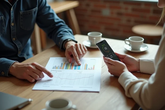 Mains pointant vers des graphiques en baisse et une application défaillante sur smartphone, illustrant l'analyse d'une perte de confiance dans un service numérique