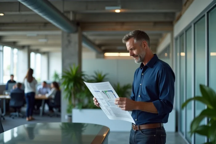 Homme analysant un plan de site imprimé dans un espace de coworking ouvert et moderne