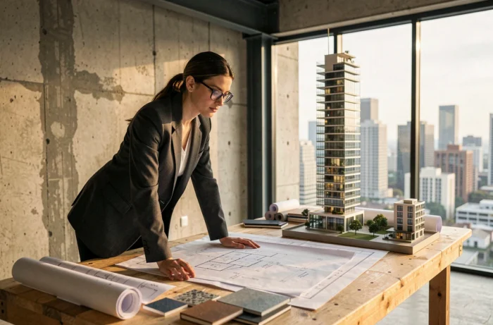 Architecte femme travaillant sur des plans de bâtiment futuriste dans un studio contemporain, tendances architecture 2024