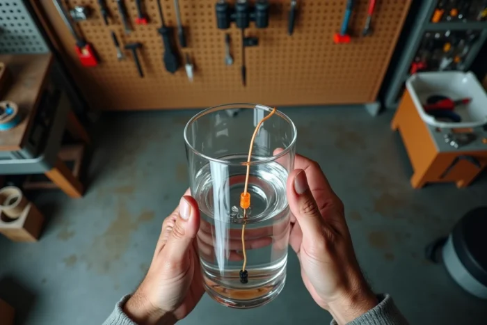 Mains tenant un verre d'eau utilisé comme test de continuité artisanal pour vérifier une prise de terre sans multimètre dans un atelier de garage