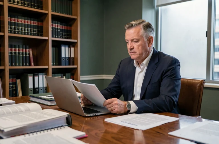 Avocat en costume marine examinant des documents juridiques liés à la condamnation d'une entreprise d'énergie solaire dans un bureau formel