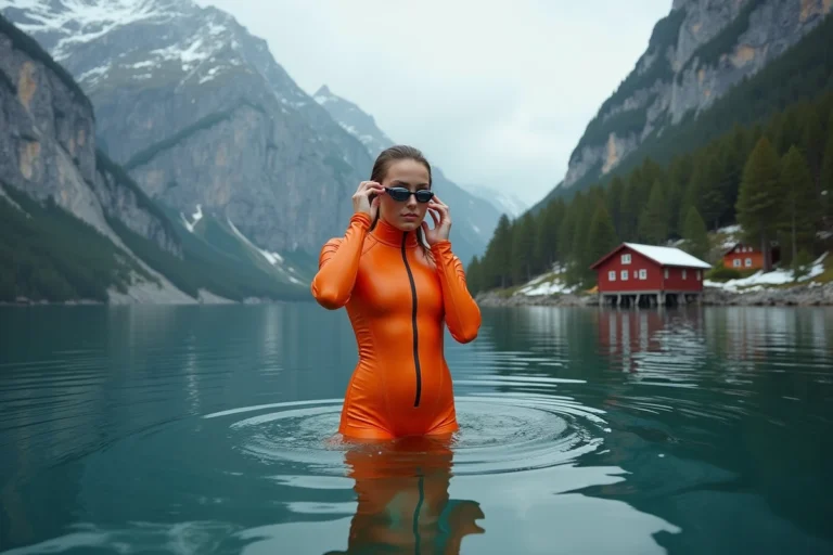 Femme en combinaison de plongée orange se baignant dans un fjord norvégien entouré de falaises granitiques et de cabanes rouges traditionnelles