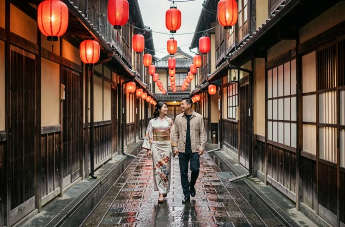 Couple se promenant dans une ruelle traditionnelle du quartier Gion à Kyoto sous des lanternes rouges japonaises