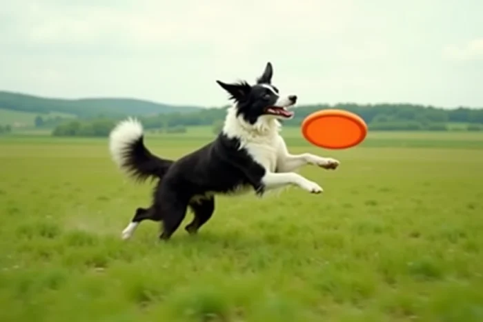 Border collie bondissant pour attraper un frisbee orange dans une prairie verdoyante à la campagne