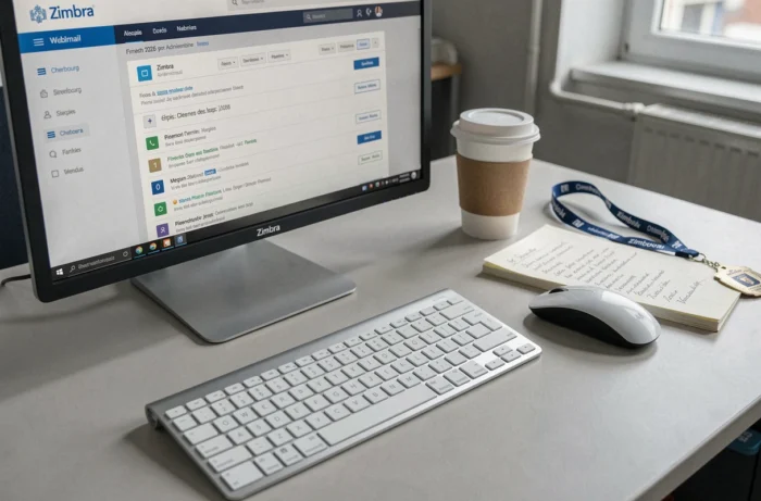 Bureau administratif à Cherbourg avec la nouvelle interface de messagerie Zimbra affichée sur écran