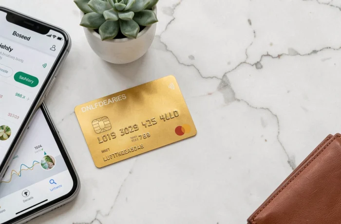Carte Gold Crédit Agricole posée sur du marbre blanc avec un smartphone et un portefeuille