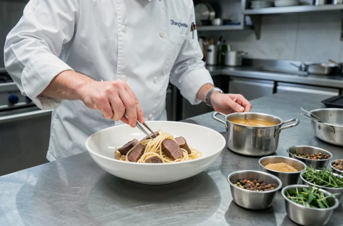 Chef professionnel dressant une rechta tunisienne raffinée dans un bol en céramique blanche dans une cuisine de restaurant avec des épices et un bouillon réduit brillant en mise en place