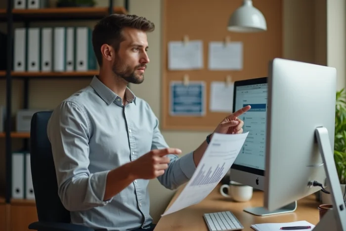Chef d'entreprise analysant les options de banque en ligne professionnelle avec un document comparatif dans son bureau