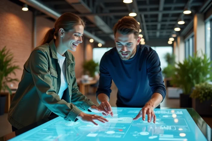 Deux professionnels collaborant sur un écran interactif transparent dans un espace de coworking futuriste