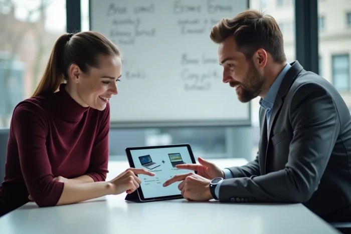 Deux collègues comparant les services bancaires professionnels LBP Access et LBP Net Entreprise sur une tablette en salle de réunion