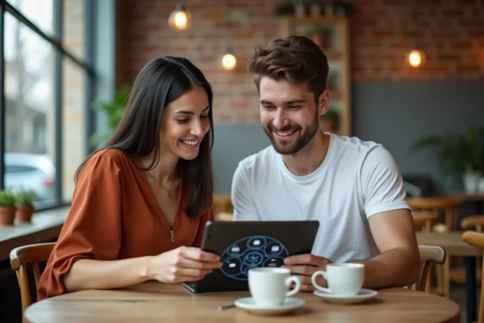 Deux collègues consultant une carte de navigation de site web sur tablette dans un espace de travail convivial, collaboration pour comprendre la structure d'un site