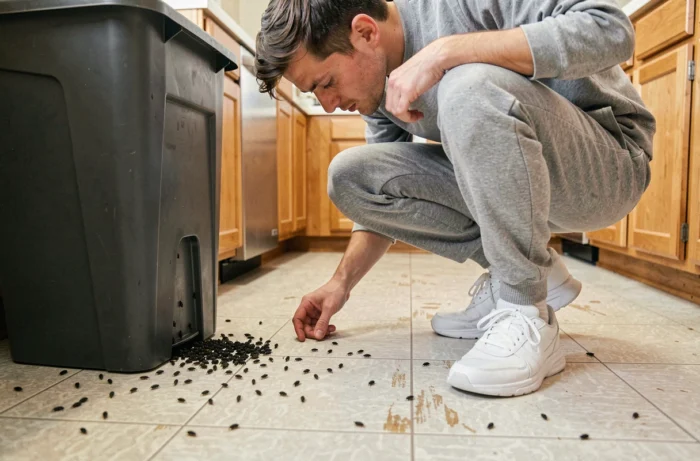 Personne inspectant des collemboles et petits insectes noirs sauteurs près d'un bac à compost dans une cuisine