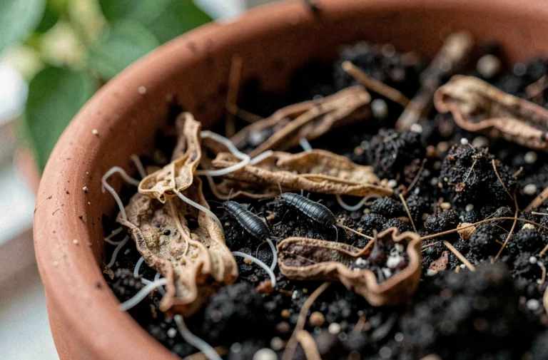 Gros plan macro de collemboles noirs sur terre humide d'un pot de plante intérieure