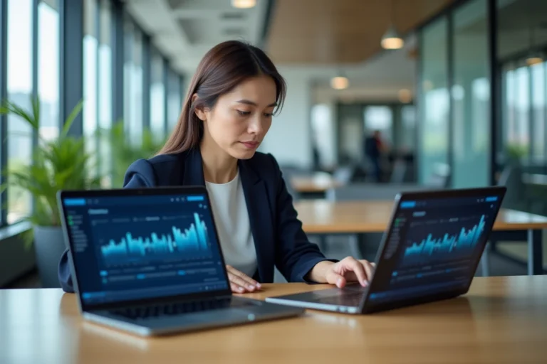 Femme professionnelle comparant deux interfaces bancaires en ligne sur des ordinateurs portables dans un bureau moderne