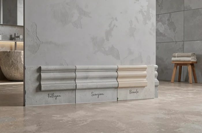 Comparatif de plinthes en béton ciré aux largeurs et épaisseurs variées installées dans une salle de bain moderne rénovée
