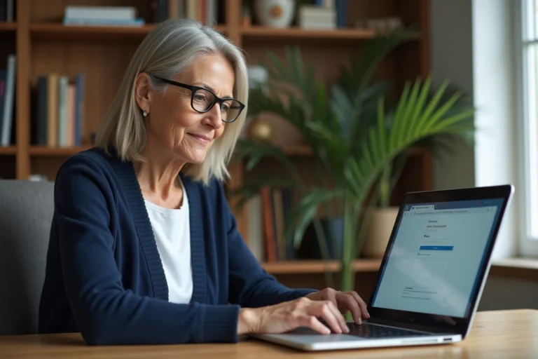 Femme d'âge moyen se connectant à un espace de gestion de soins en ligne sur son ordinateur portable depuis son bureau à domicile