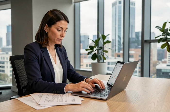 Femme professionnelle consultant des documents bancaires sur un bureau moderne avec un ordinateur affichant des graphiques financiers