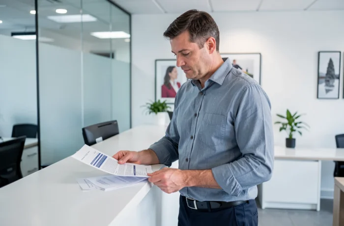 Homme consultant des documents financiers dans une agence bancaire moderne