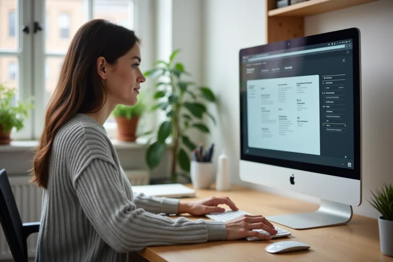 Femme consultant le plan du site BestWeb sur un ordinateur de bureau dans un bureau à domicile moderne