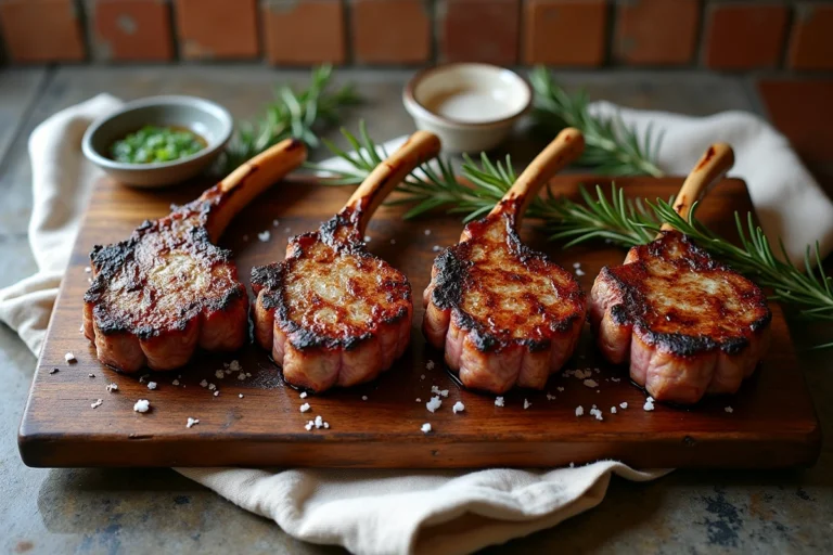 Côtelettes d'agneau grillées dorées et parfaitement saisies sur une planche en bois rustique avec romarin frais et fleur de sel