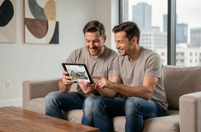 Couple consultant une agence immobilière en ligne sur une tablette dans leur salon moderne
