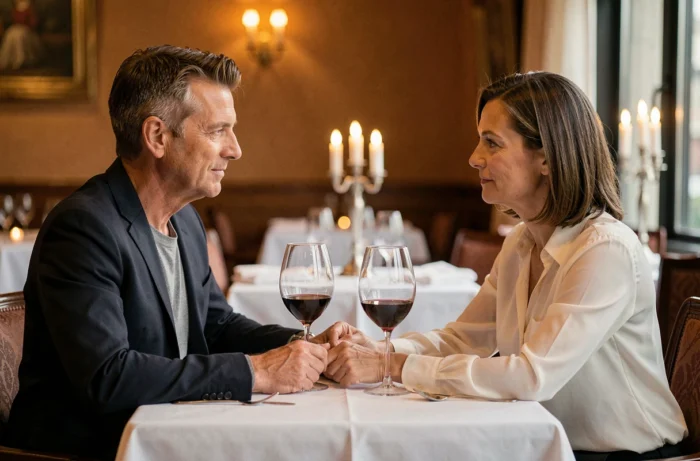 Couple élégant partageant un dîner romantique dans un restaurant haut de gamme, rumeurs mariage célébrité 2025