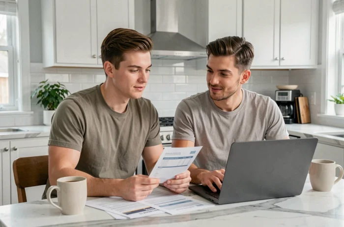 Couple discutant de leurs finances et de leurs comptes bancaires autour d'un ordinateur portable dans une cuisine moderne