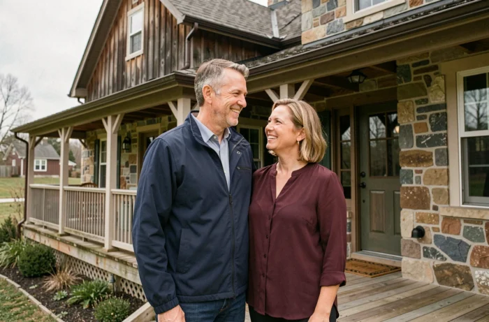 Couple souriant devant une grande maison de ferme en pierre, représentant la vie de famille et le couple Lagina