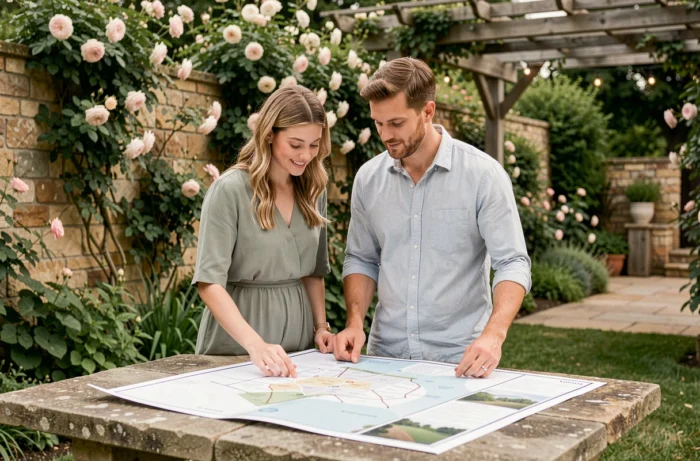 Couple parcourant un plan de lieu de mariage imprimé dans un jardin verdoyant avec une pergola en pierre pour organiser leur cérémonie