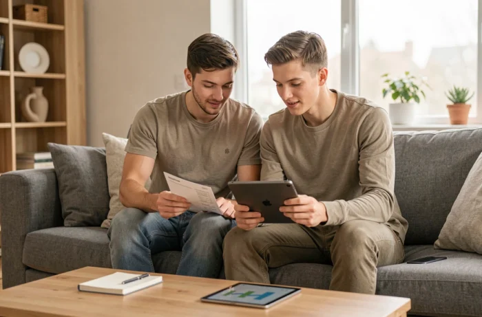 Couple de jeunes adultes planifiant ensemble leur budget familial sur un canapé dans un salon contemporain