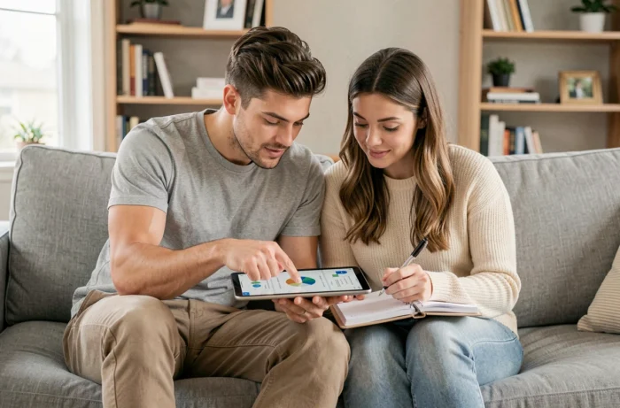 Jeune couple planifiant leurs finances personnelles ensemble sur une tablette dans le salon