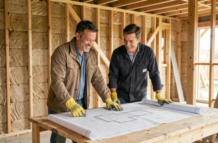 Couple consultant les plans de leur maison Gablok en autoconstruction à l'intérieur du chantier