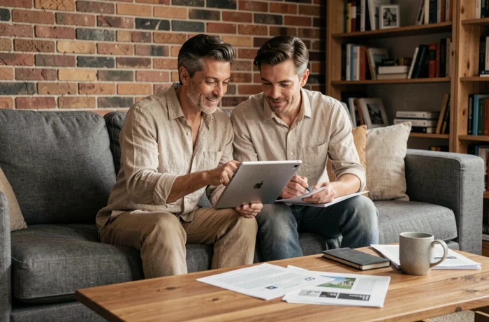 Couple consultant des annonces immobilières sur une tablette dans leur salon pour faciliter leurs démarches