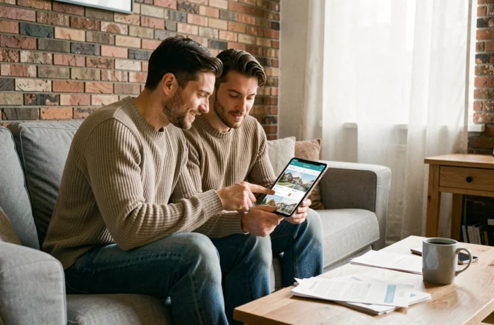 Couple consultant une application immobilière en ligne sur tablette dans leur salon pour simplifier leurs démarches d'achat