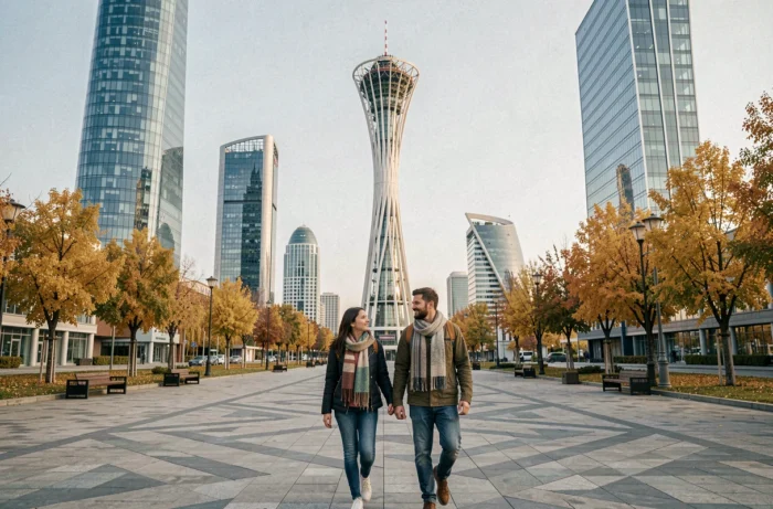 Couple de voyageurs se promenant dans les avenues modernes d'Astana au Kazakhstan, capitale insolite à découvrir en voyage autour du monde