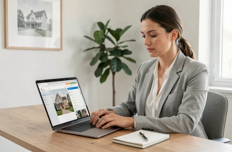 Femme utilisant un service immobilier en ligne sur son ordinateur portable dans un bureau moderne à domicile