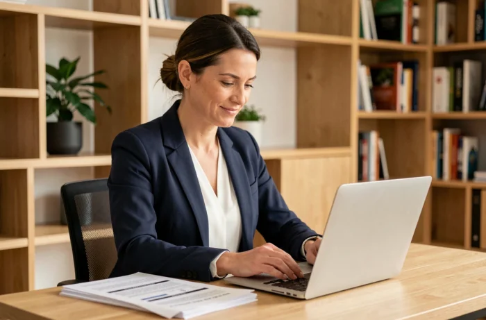 Femme professionnelle consultant une plateforme immobilière en ligne sur son ordinateur portable dans un bureau moderne