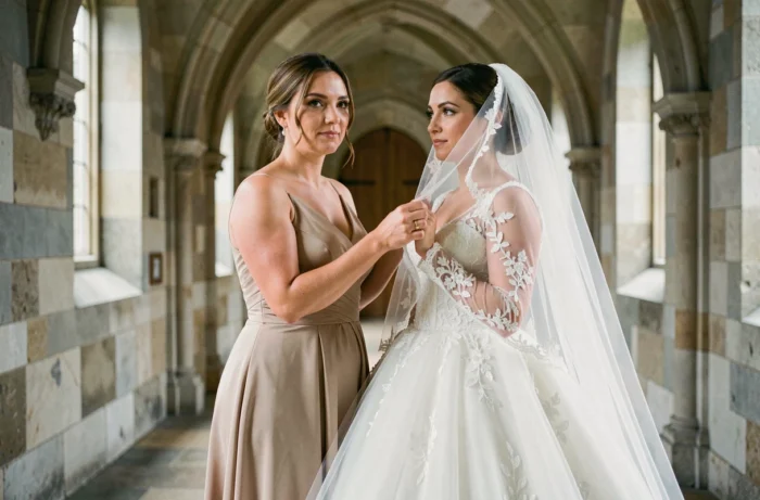Demoiselle d'honneur mariée ajustant le voile de la mariée dans un couloir d'église en pierre, alliance visible à la main