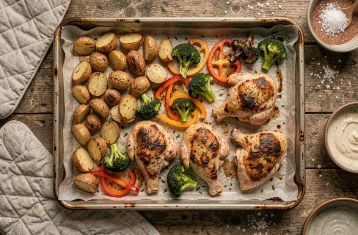 Dîner rapide sur plaque de cuisson avec poulet rôti et légumes caramélisés sortant du four