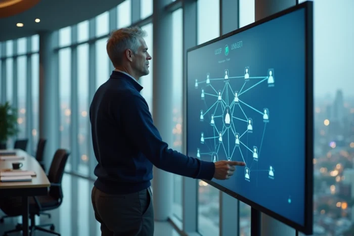 Dirigeant d'entreprise analysant un système de mise en relation algorithmique Rabitfinder sur un grand écran dans un bureau corporate vitré avec vue sur la ville