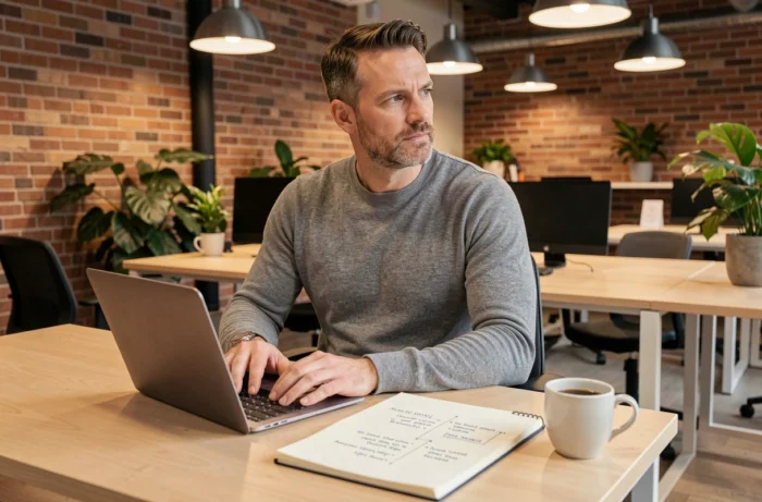 Entrepreneur indépendant travaillant dans un espace de coworking avec un carnet de notes et un ordinateur portable